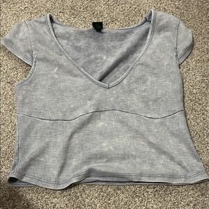 Gray Ribbed V-Neck Women's Top